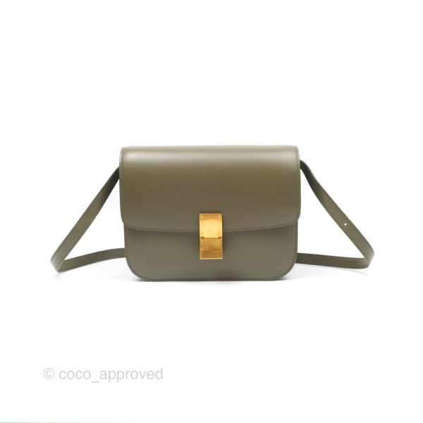 Celine Medium Classic Box Flap Dark Olive Green Box Calfskin Gold Hardware Online now