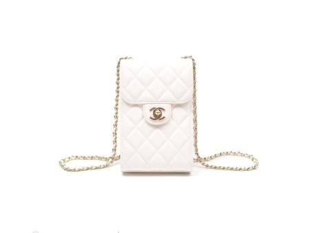 Chanel Classic Quilted Phone Holder White Caviar Gold Hardware Cheap