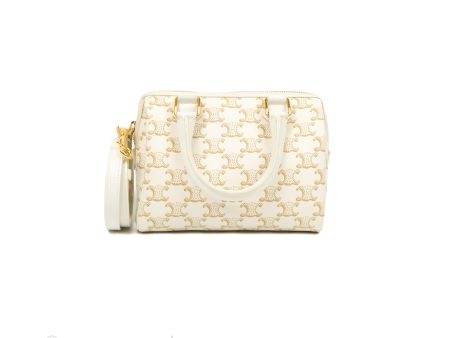 Celine Small Boston Bag White Triomphe Canvas Calfskin For Discount