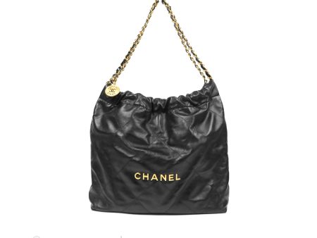 Chanel 22 Medium Black Shiny Calfskin Aged Gold Hardware For Sale